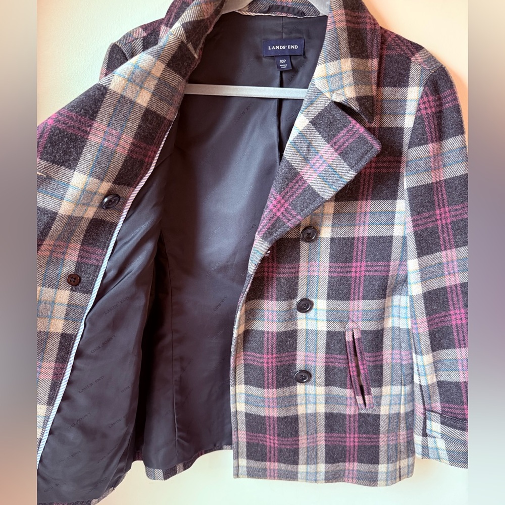 Lands' End Women's Plaid Wool-Blend Peacoat - Gray & Purple, Sz 10 P - Picture 8 of 10